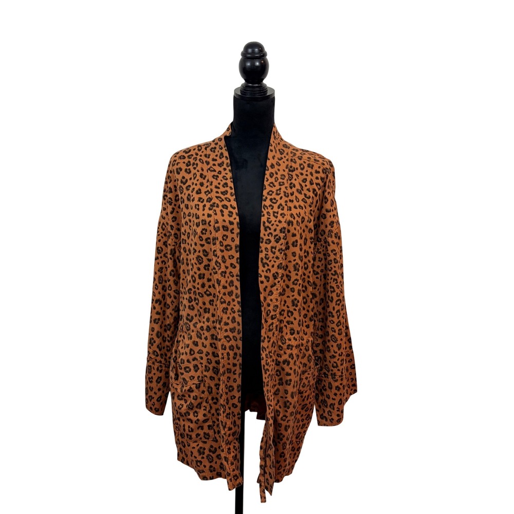 Dear John Womens L Leopard Animal Print Open Front Kimono Jacket Rust Black Boho
